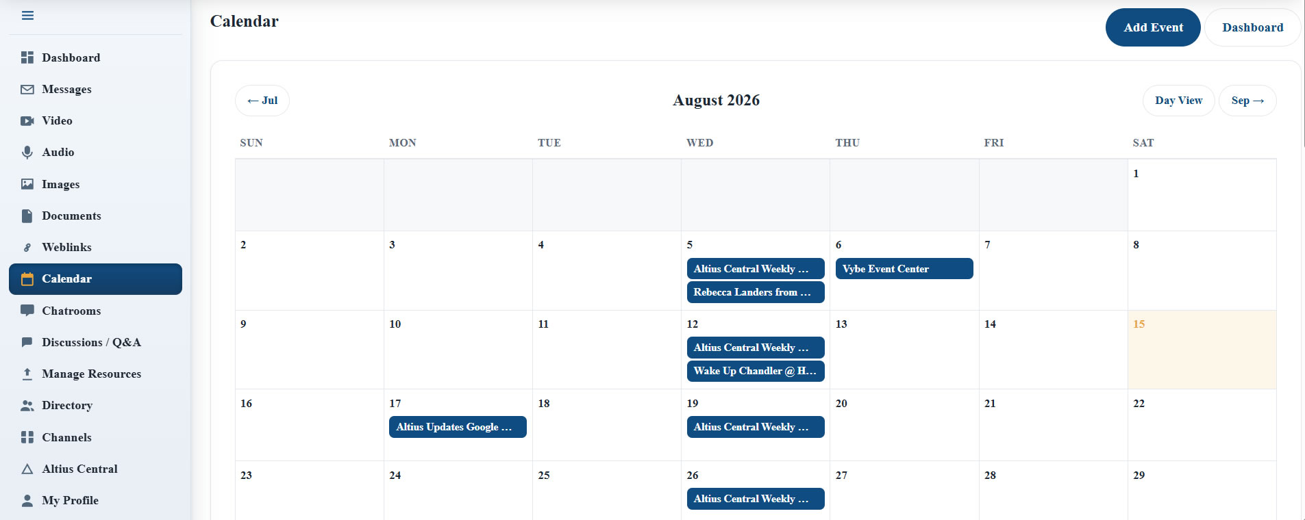 The Altius Workspace with its sidebar navigation beside the events calendar